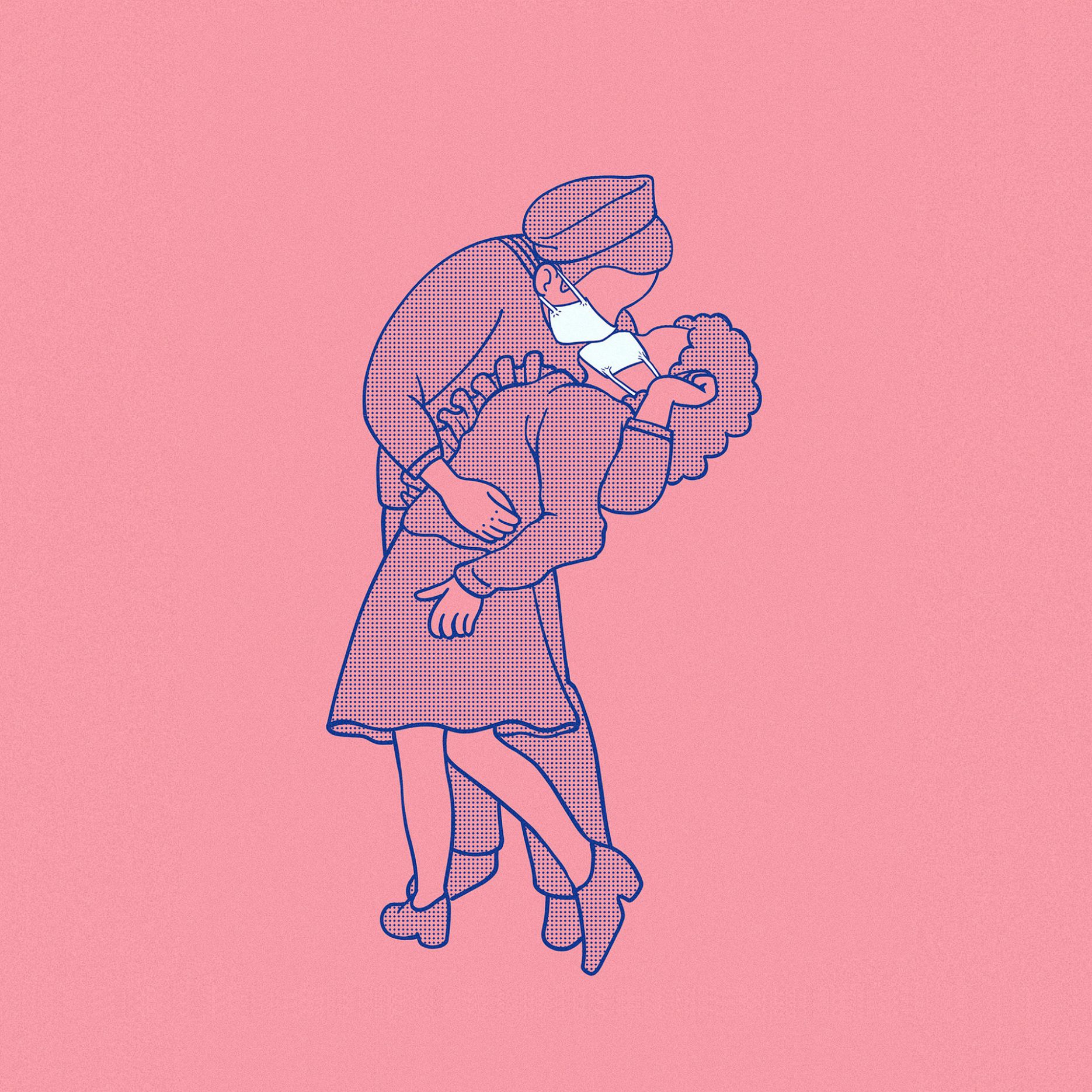 Comicdarstelltung des "Küssenden Matrose am Time Square" Mann küsst Mädchen mit Mundschutz