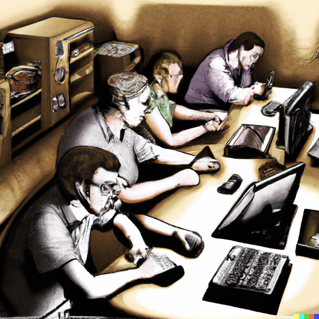 Futuristisches Bild von Redakteuren am Schreibtisch sitzend